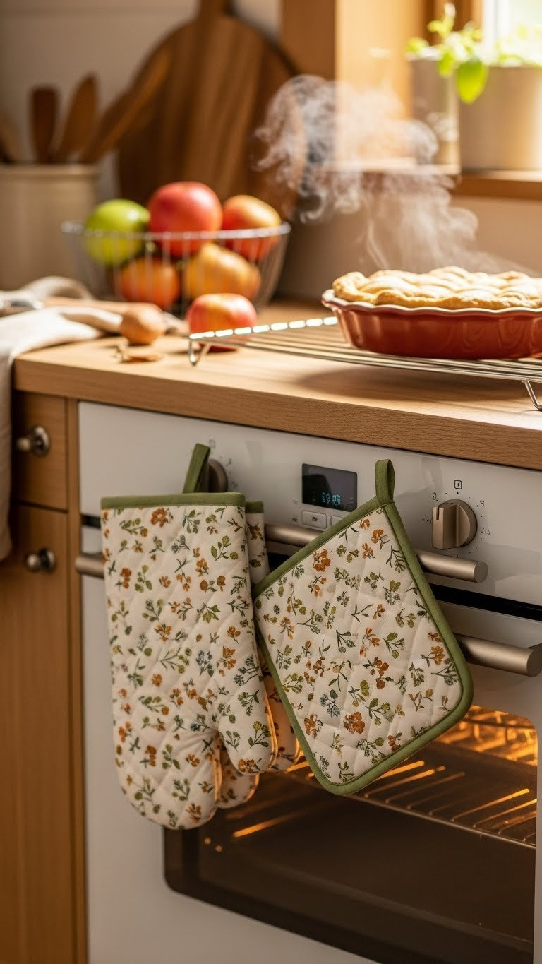 Quilted Cotton Oven Mitts With Botanical Print Draped Over Oven Door Handle In Warm Golden Hour Kitchen Lighting.