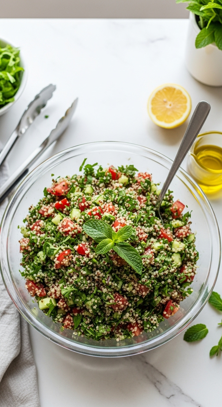 Quinoa Tabbouleh With Parsley Mint Tomatoes And Cucumber In A Glass Bowl With Salad Tongs Lemon And Olive Oil