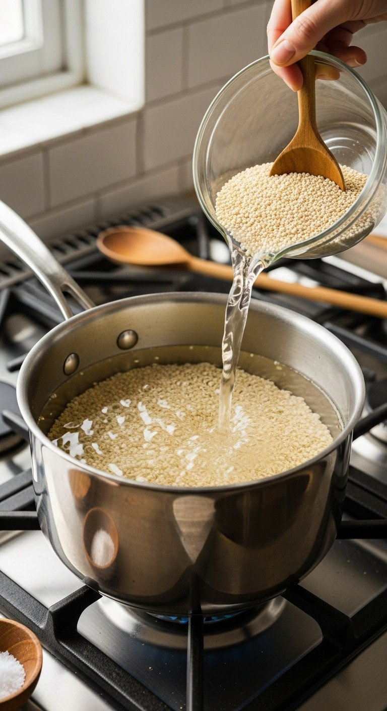 Quinoa And Water In A Stainless Steel Saucepan On A Gas Stovetop, With A Wooden Spoon And Bowl Of Salt Nearby.