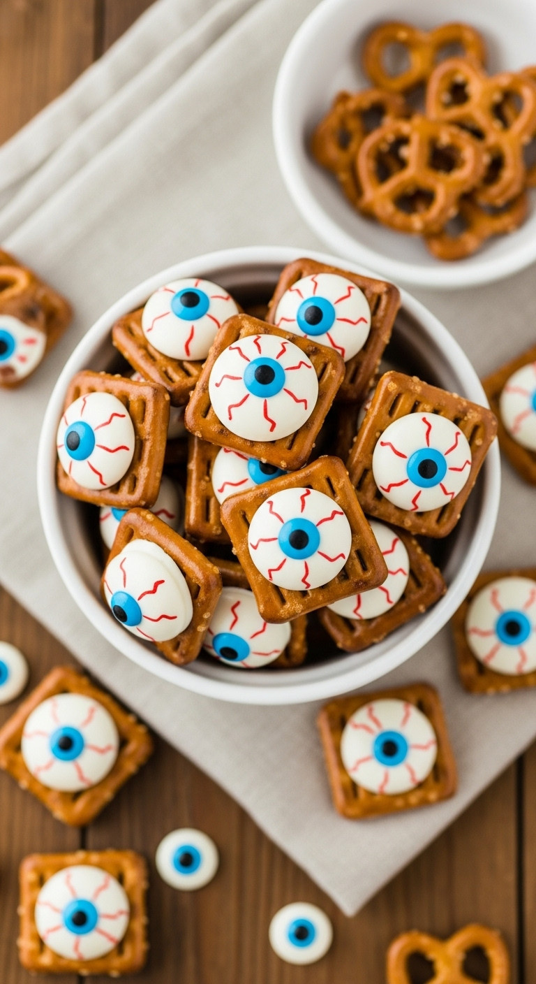 Quirky Monster Eyeball Pretzel Bites With White Chocolate And Candy Eyes, In A Bowl On A Rustic Wooden Table For Halloween.