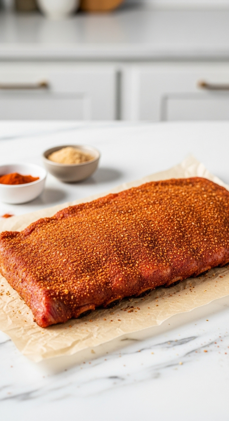 Rack Of Ribs Coated In Reddish Brown Dry Rub On Butcher Paper On A Marble Countertop With Individual Spices