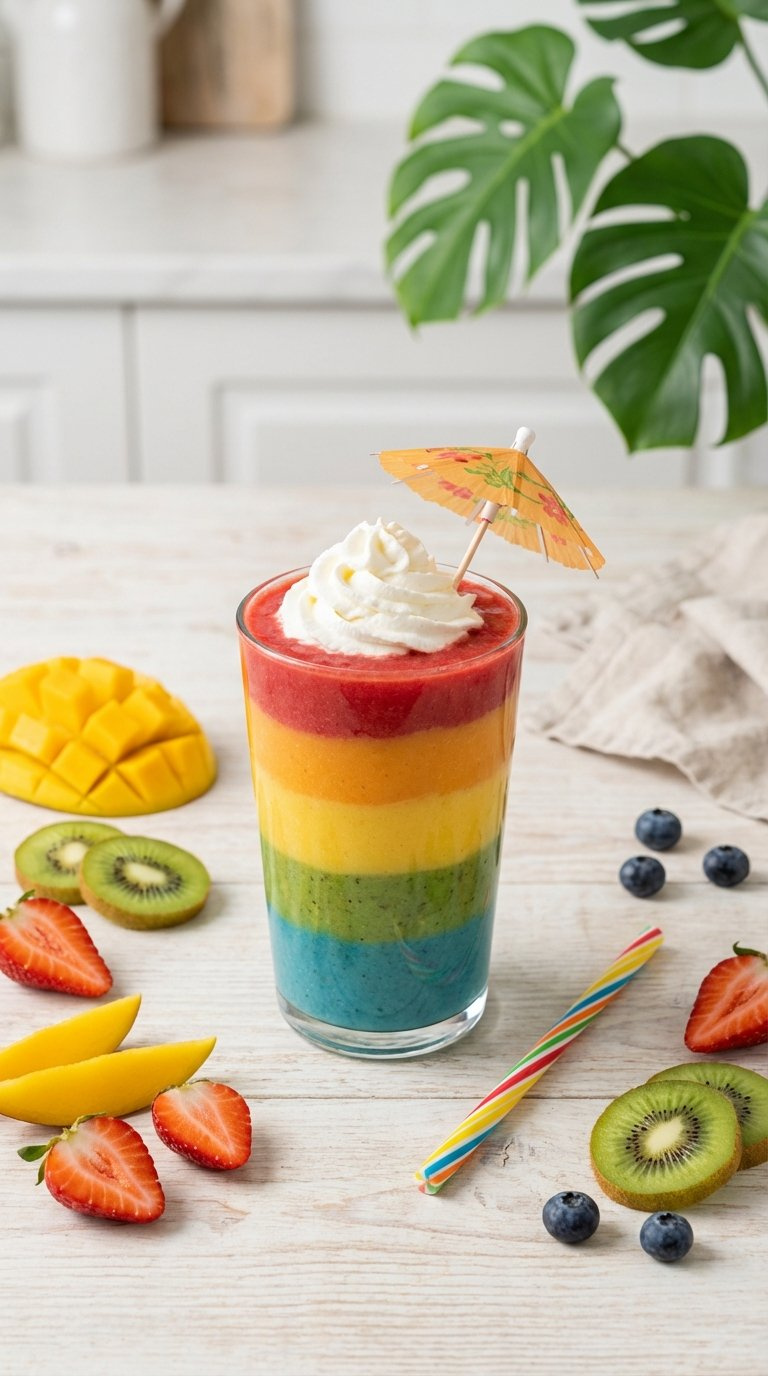 Rainbow-Colored Tropical Smoothie In Clear Glass With Whipped Cream Topping And Colorful Fruit Garnish