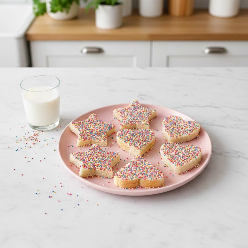 Rainbow Sprinkle Fairy Bread Cut Into Whimsical Shapes On Pastel Pink Ceramic Plate.