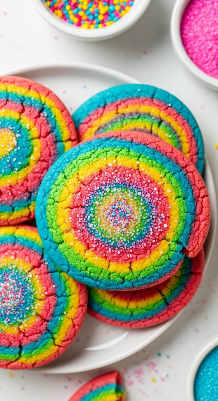 Rainbow Tourmaline Geode Spiral Cookies With Colorful Sugar Sprinkles On Simple White Plate.