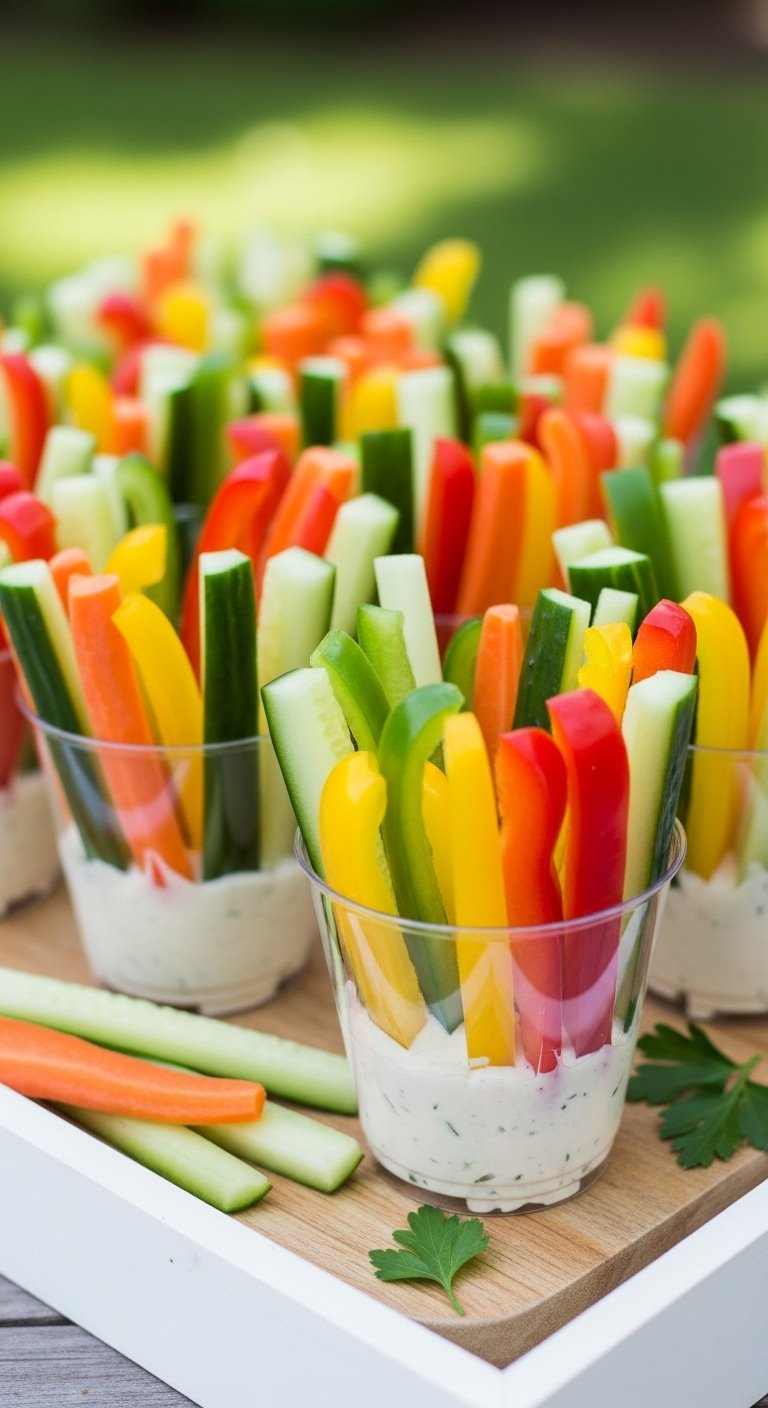 Rainbow Veggie Cups With Ranch Dip Arranged On A Wooden Tray.