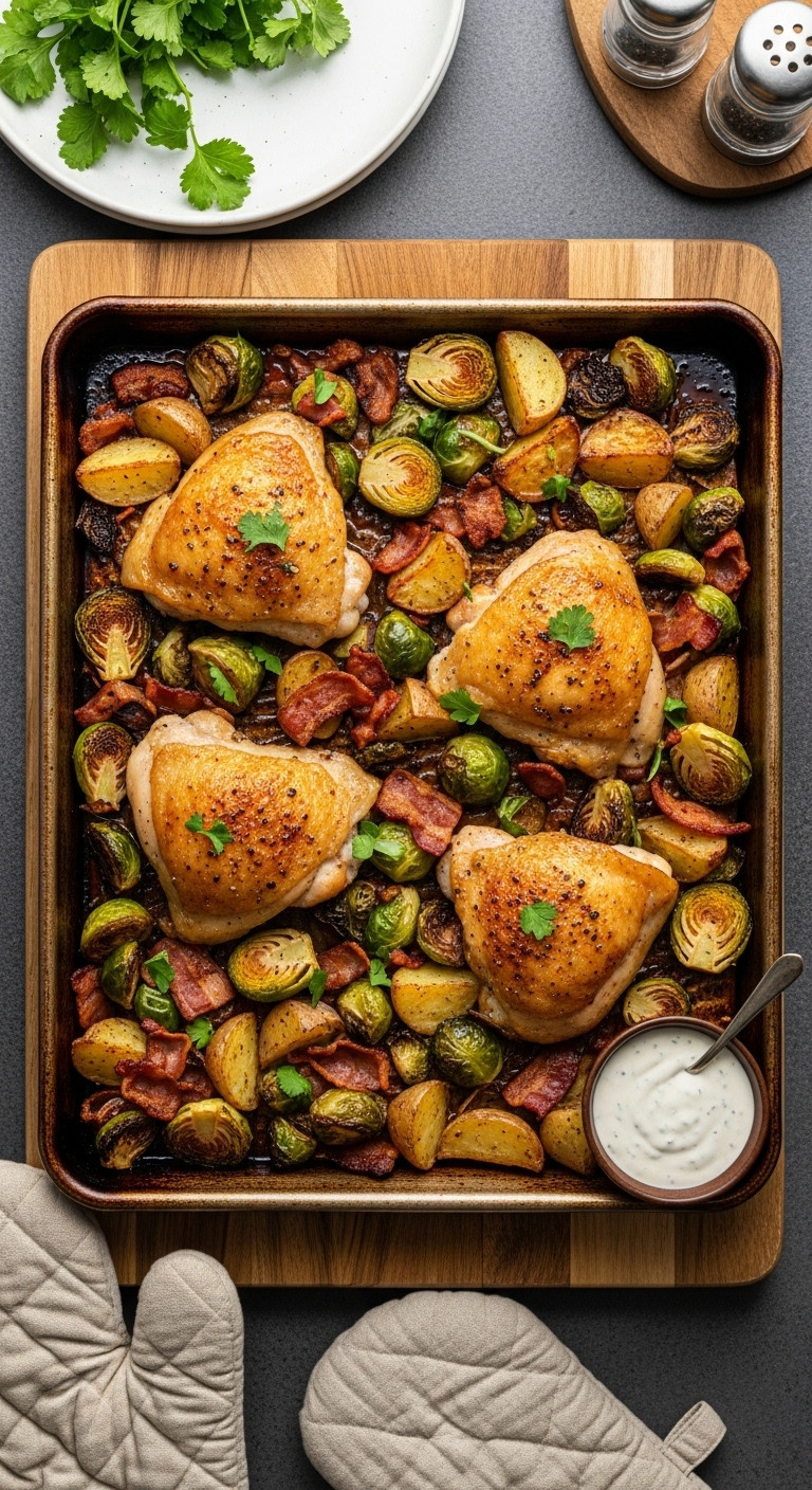 Ranch Baked Chicken Thighs With Bacon Brussels Sprouts And Potatoes On A Rustic Sheet Pan