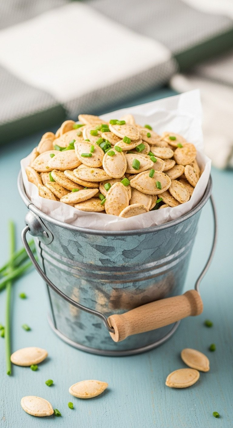 Ranch-Seasoned Roasted Pumpkin Seeds In A Rustic Metal Bucket On A Light Blue Wooden Surface With Fresh Chives.