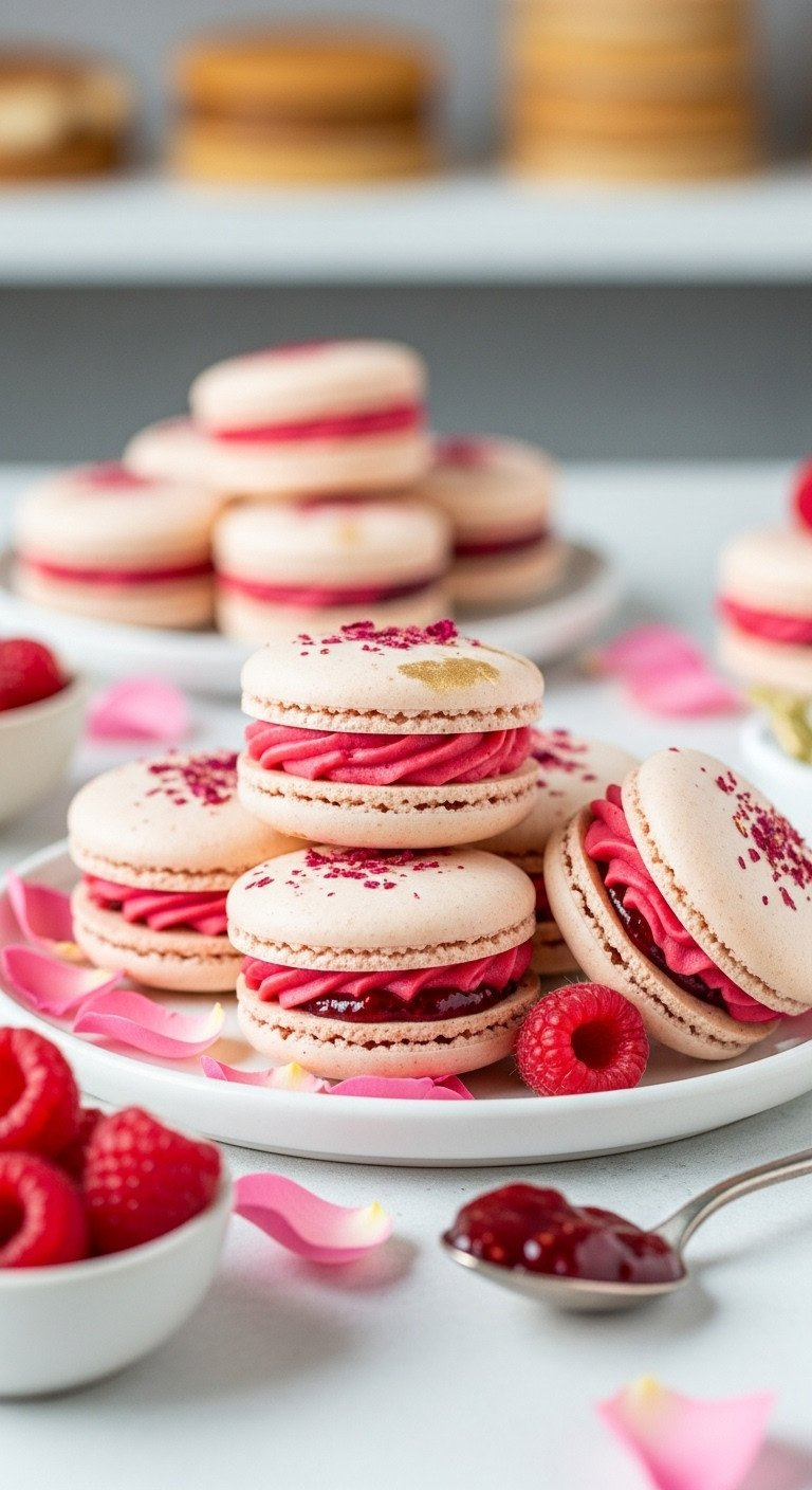 Raspberry Rose Macarons With Pink Buttercream, Gold Flakes, And Jam, On Rose Petals. Elegant French Dessert.