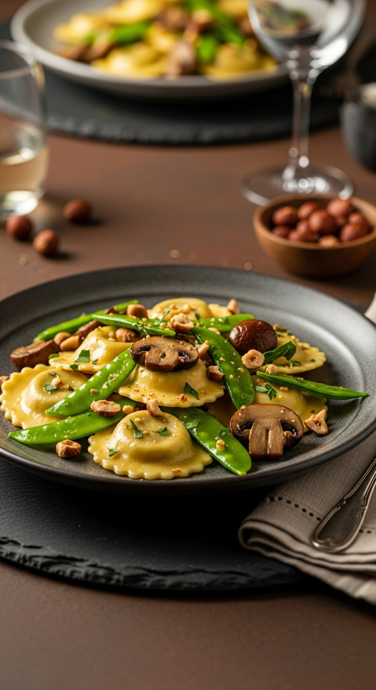 Ravioli With Snap Peas Mushrooms And Toasted Hazelnuts In Butter Sauce On A Dark Ceramic Plate With A Linen Napkin And Fork
