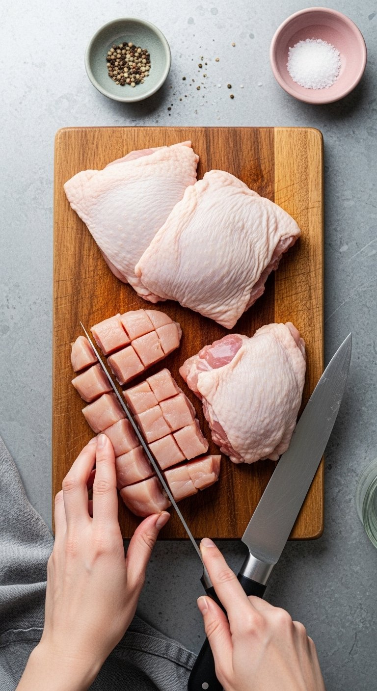 Raw Boneless Chicken Thighs Cut Into Cubes On A Rustic Wooden Cutting Board With A Chef's Knife.