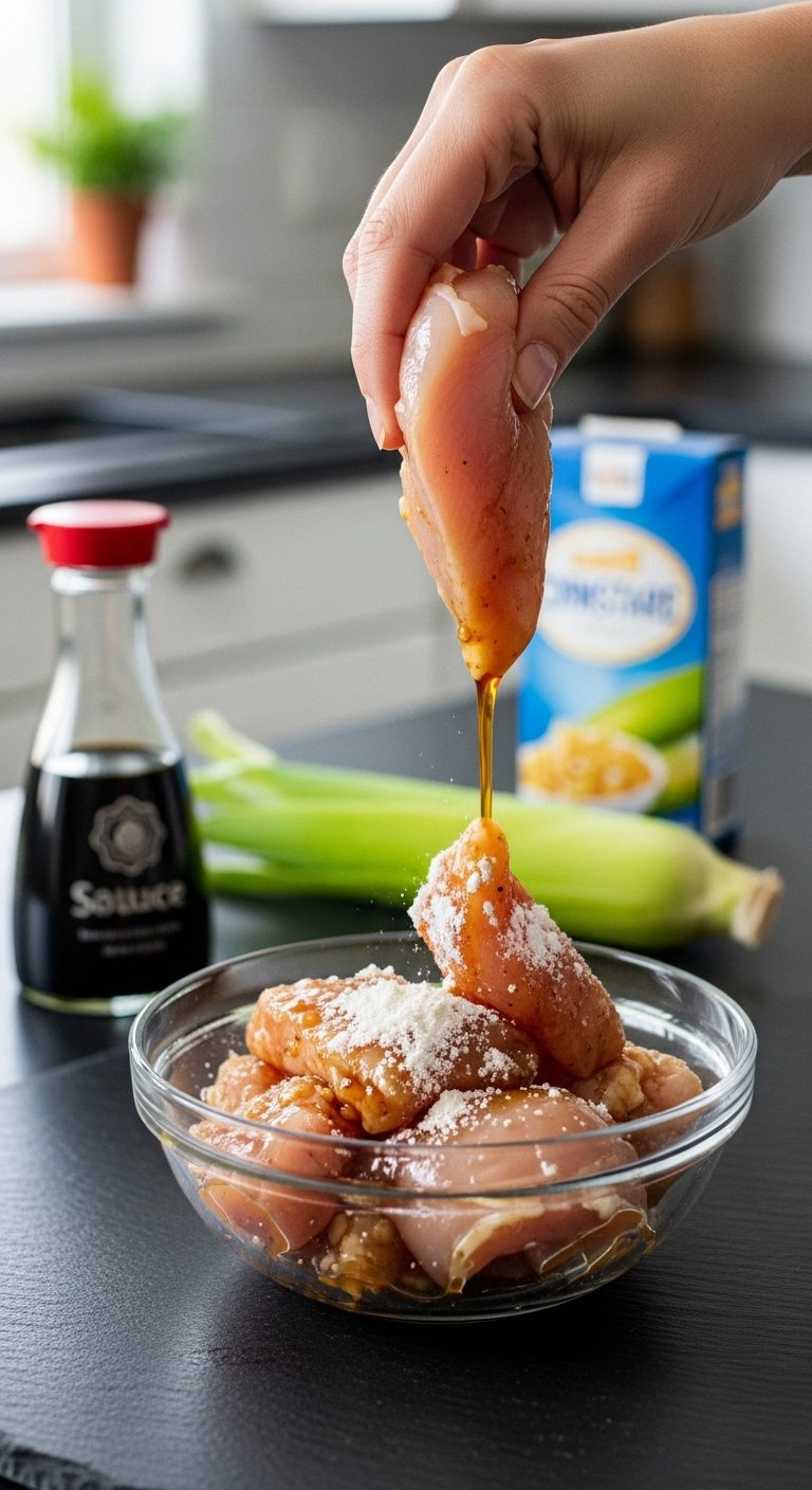 Raw Chicken Breast Pieces Tossed In A Glass Bowl With Glossy Cornstarch And Soy Sauce Marinade On A Dark Slate Surface.