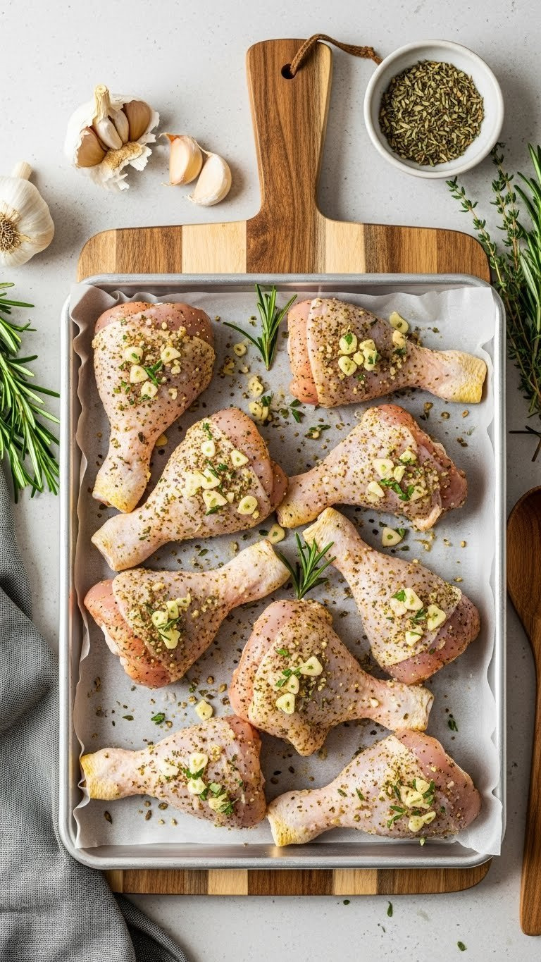 Raw Chicken Drumsticks Coated In Fresh Herb And Garlic Seasoning Rub Arranged On Baking Sheet Ready For Oven