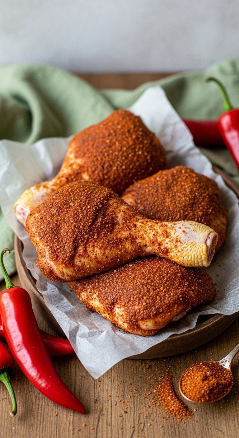 Raw Chicken Drumsticks Heavily Coated In Smoky Chipotle Paprika Dry Rub. Peppers, Spoon. Rustic Table, Bright Light.