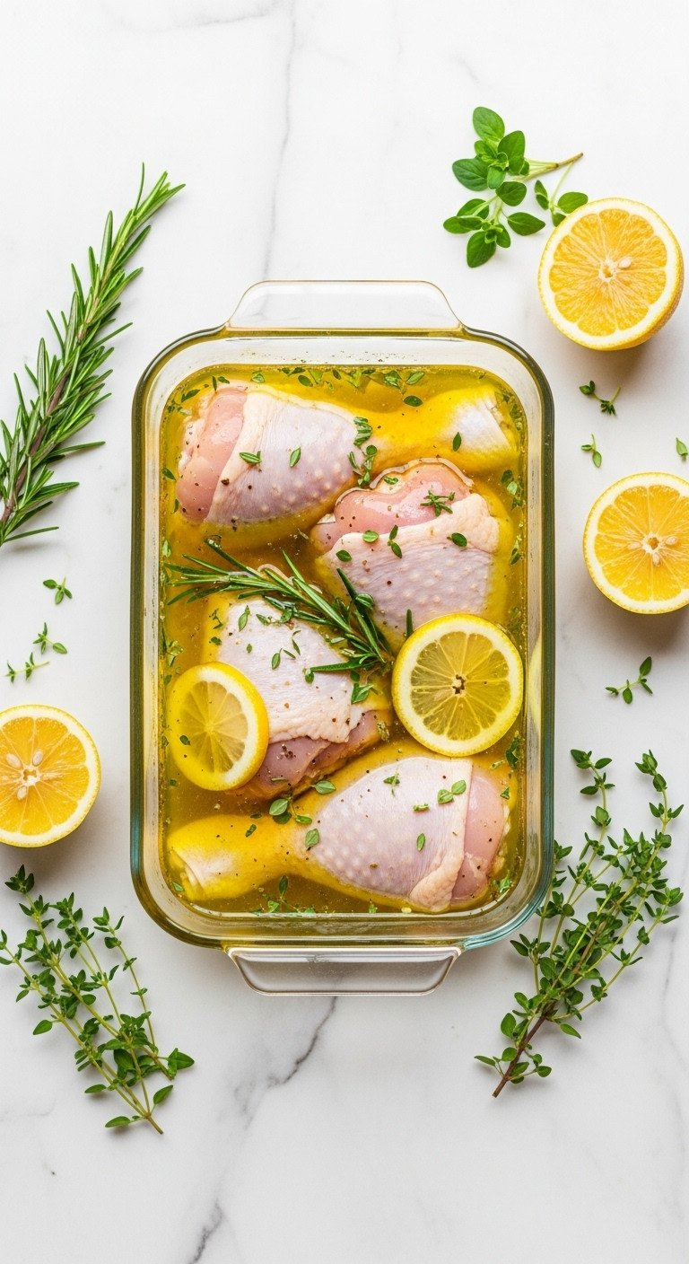Raw Chicken Drumsticks In Vibrant Lemon Herb Marinade. Fresh Herbs, Lemon Halves. Marble Counter, Bright Kitchen Light.