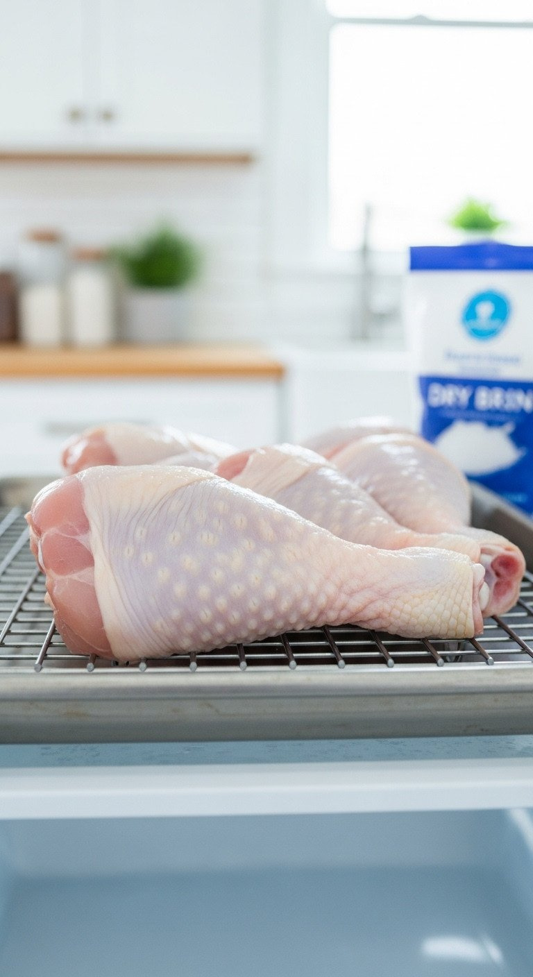Raw Chicken Drumsticks With Taut Dry Skin On Wire Rack In Fridge. Dry Brining Salt Nearby. Bright Kitchen.