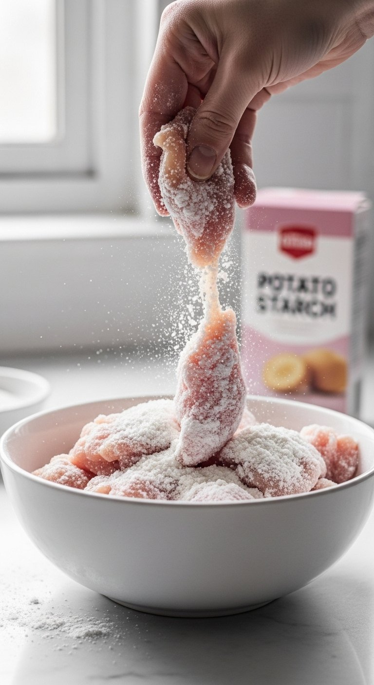 Raw Chicken Pieces Coated In White Potato Starch Inside A Minimalist White Bowl On Marble.