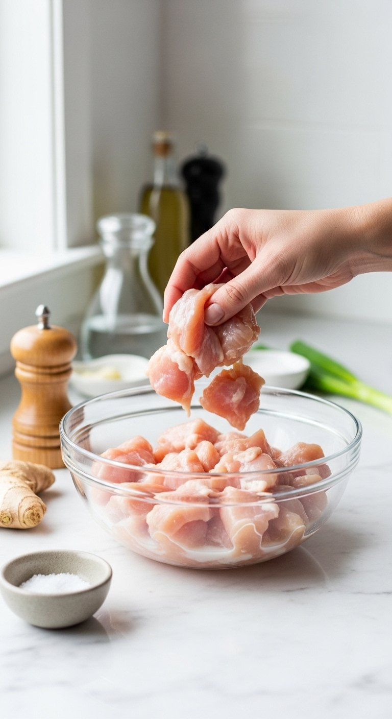 Raw Chicken Pieces Marinating In Milky Liquid Inside A Glass Bowl On A White Marble Countertop.