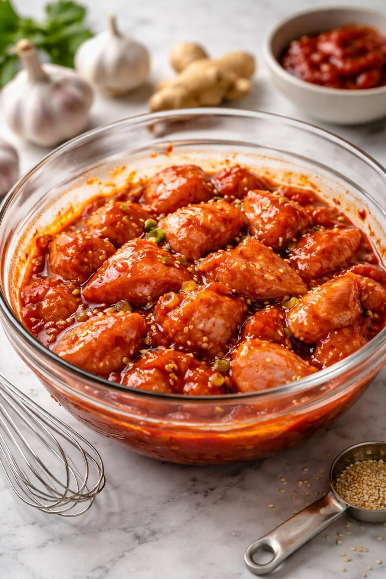Raw Chicken Pieces Marinating In Vibrant Red Gochujang Mixture Inside A Glass Bowl.