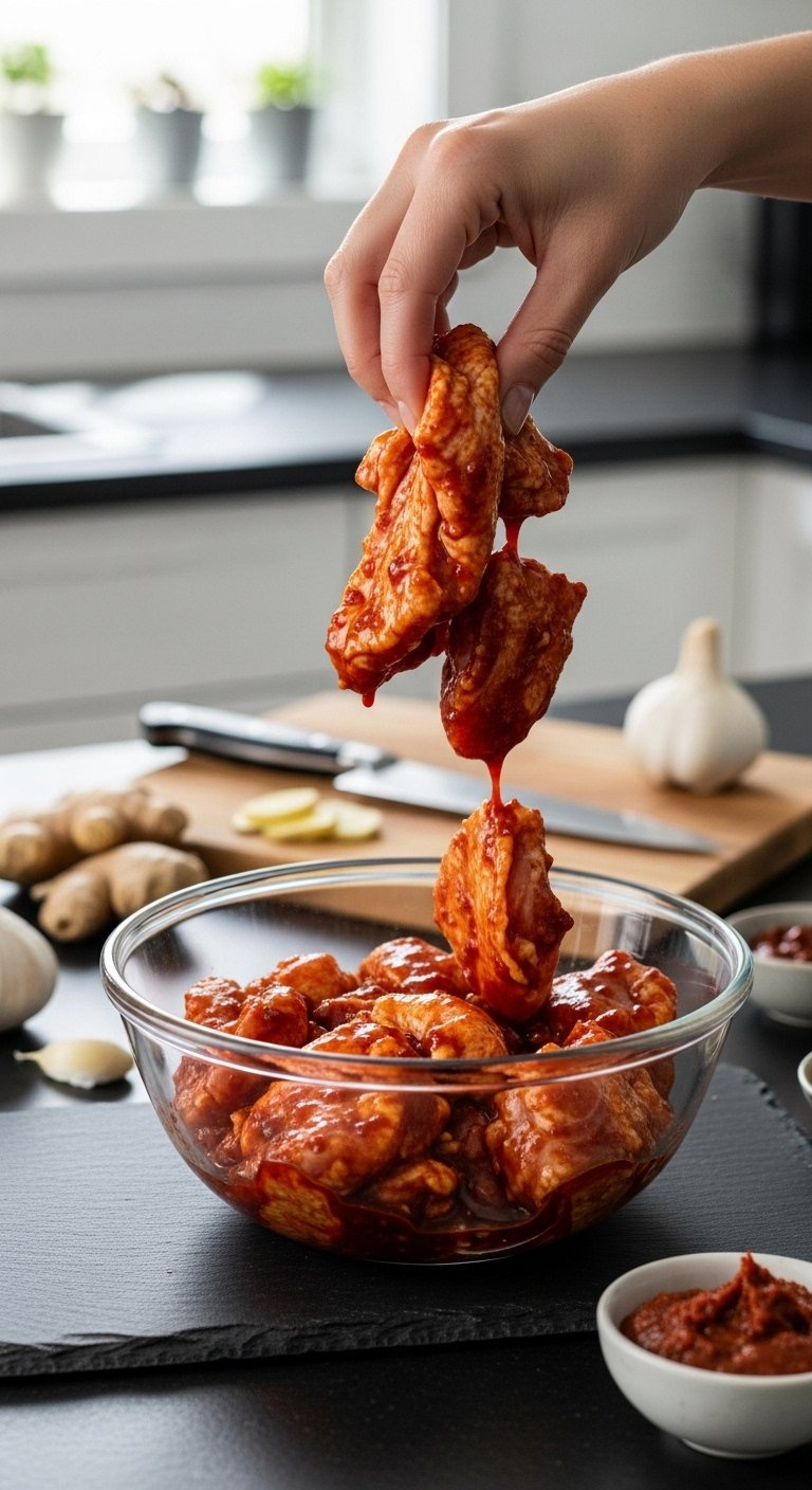Raw Chicken Thigh Pieces Marinating In A Vibrant Gochujang Ginger Garlic Sauce Inside A Glass Bowl.