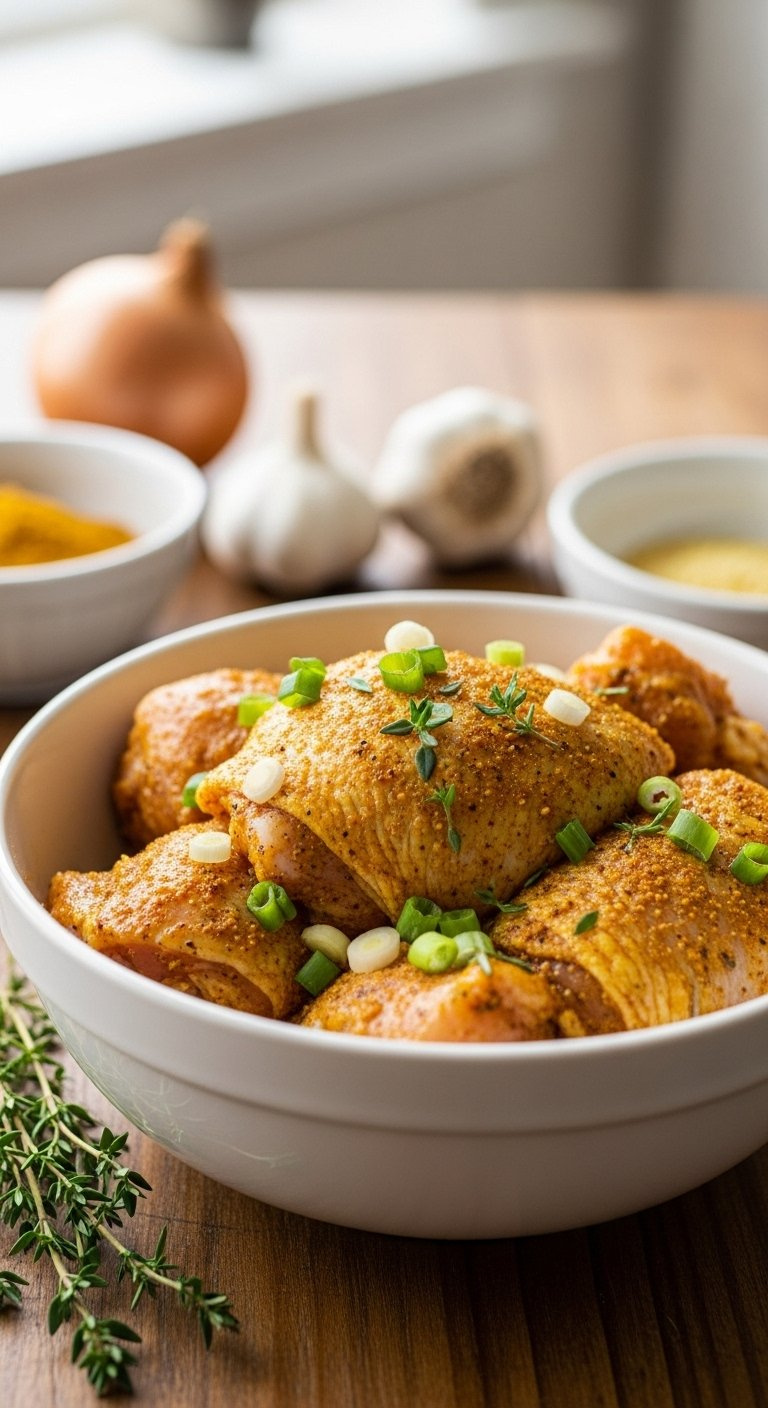 Raw Chicken Thighs And Drumsticks Marinated In Vibrant Jamaican Curry Powder With Green Onions And Garlic In A White Bowl.