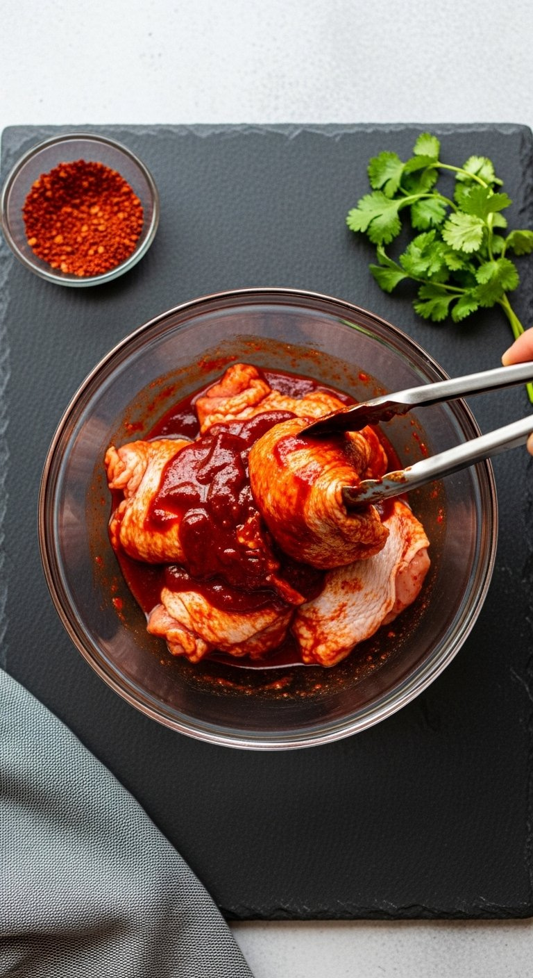 Raw Chicken Thighs Coated In Thick Red Gochujang Marinade Inside A Clear Glass Bowl.