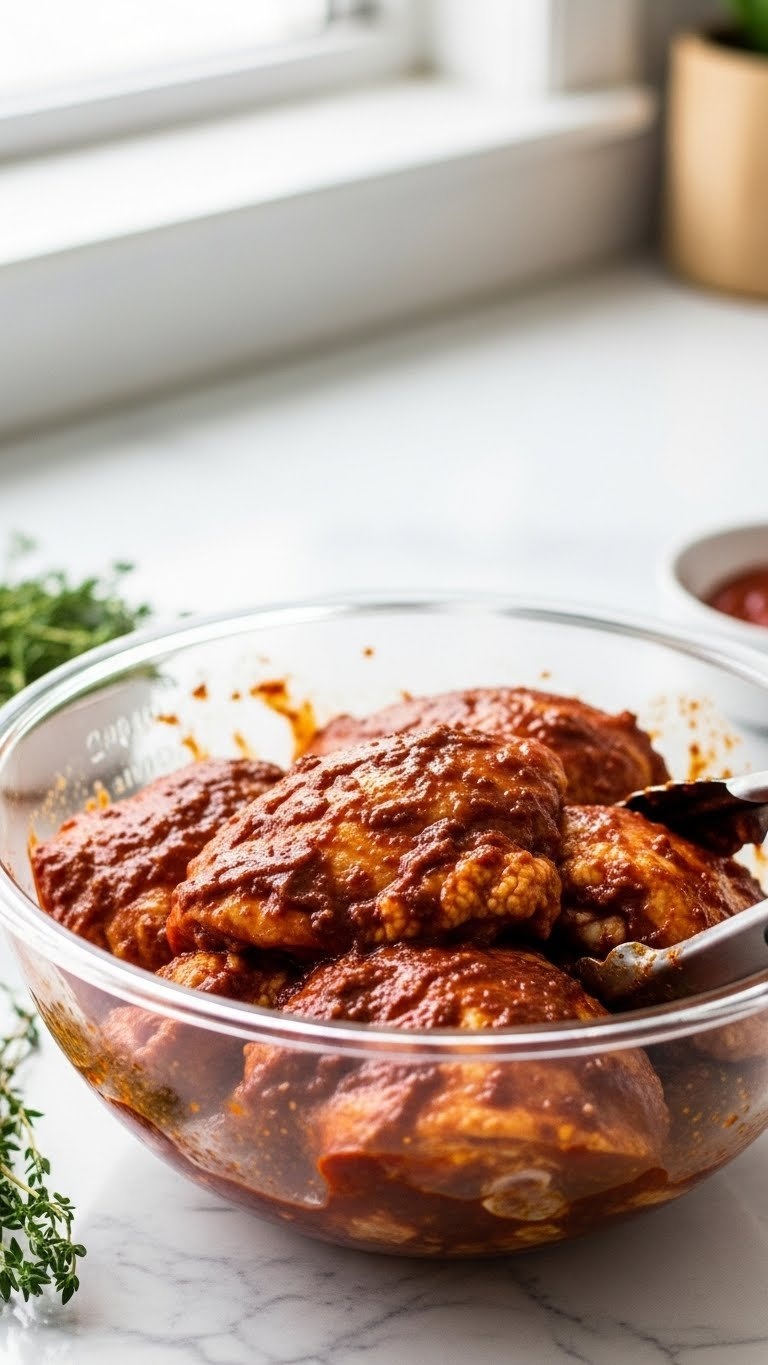 Raw Chicken Thighs, Coated In Vibrant Jerk Marinade, In A Glass Bowl On A Kitchen Counter With Tongs.