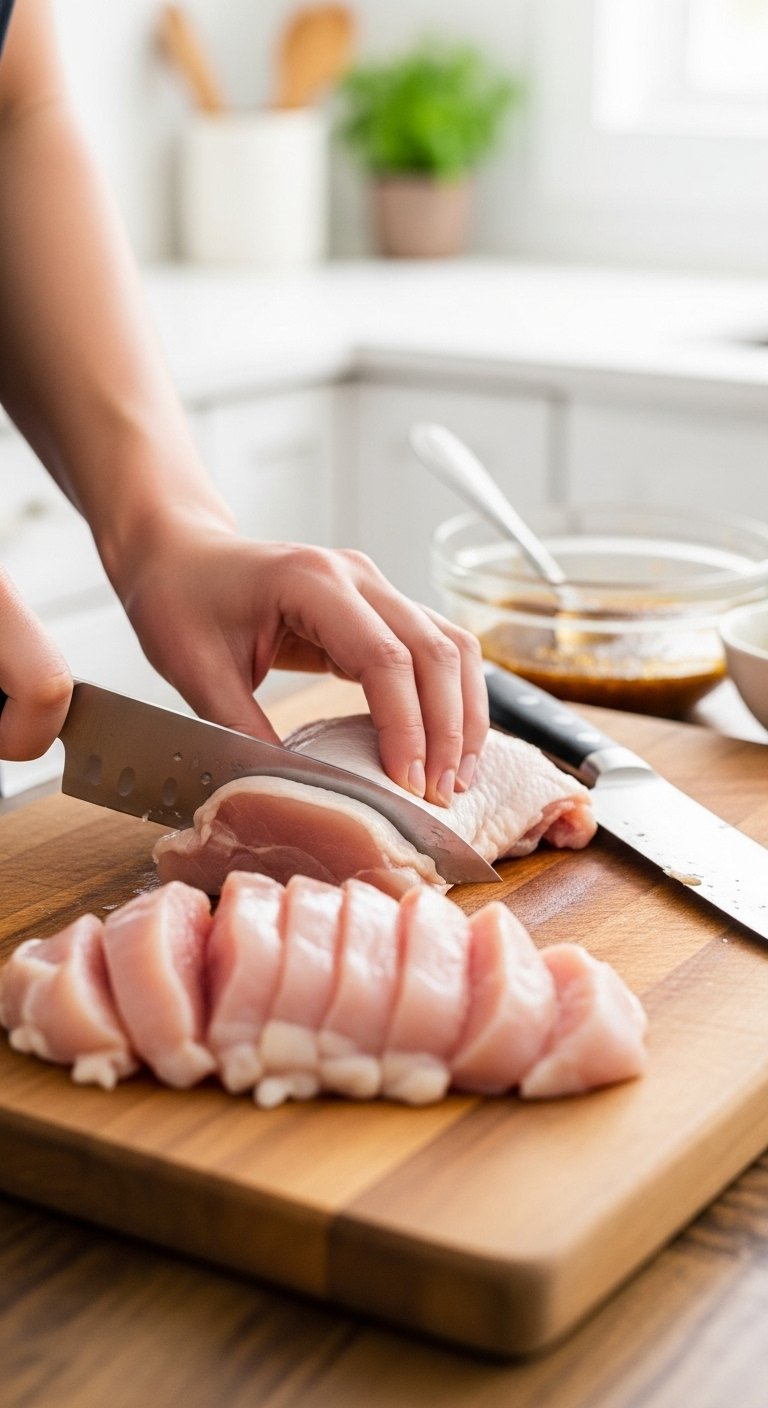 Raw Chicken Thighs Cut Into Uniform Pieces On A Rustic Wooden Board With A Sharp Chef's Knife Nearby.