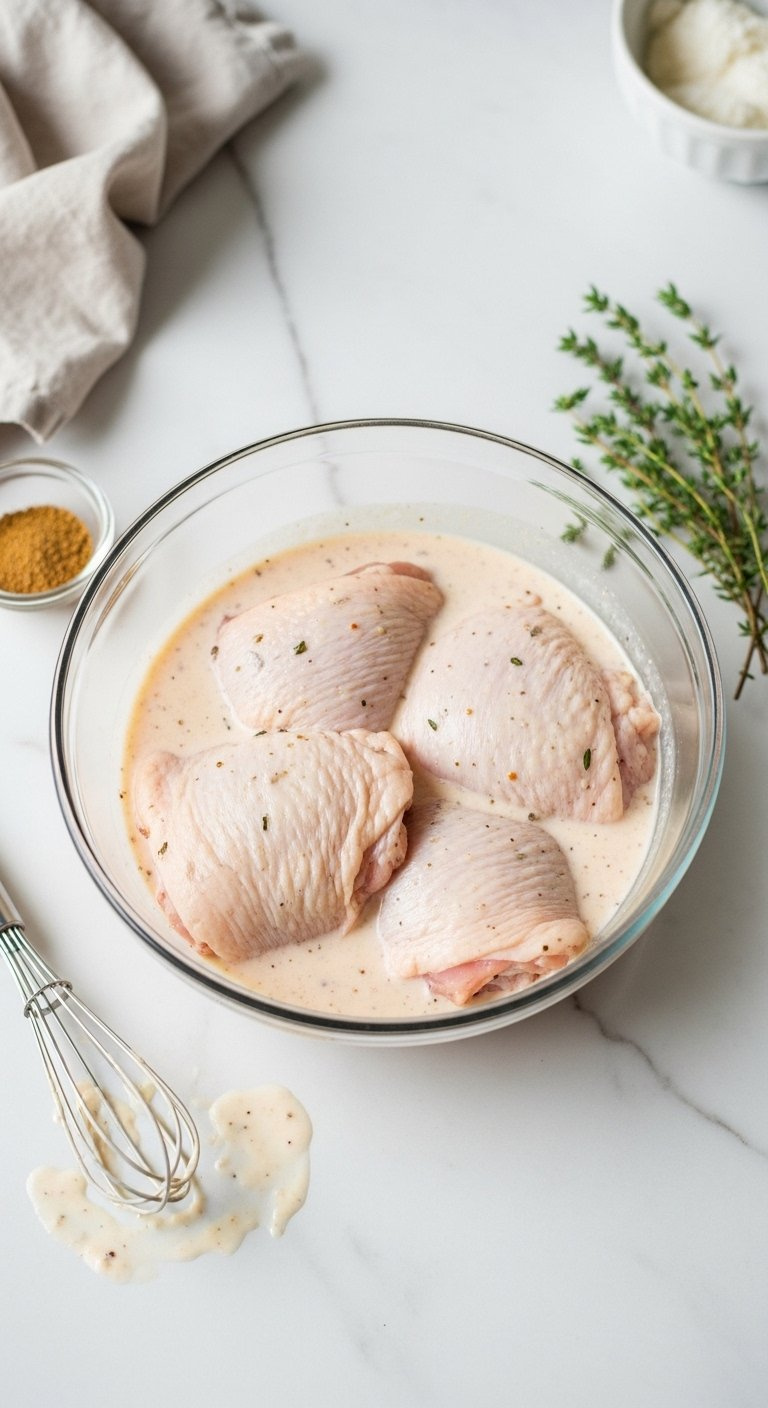 Raw Chicken Thighs Submerged In Creamy Buttermilk Marinade In A Glass Bowl On A Marble Countertop.
