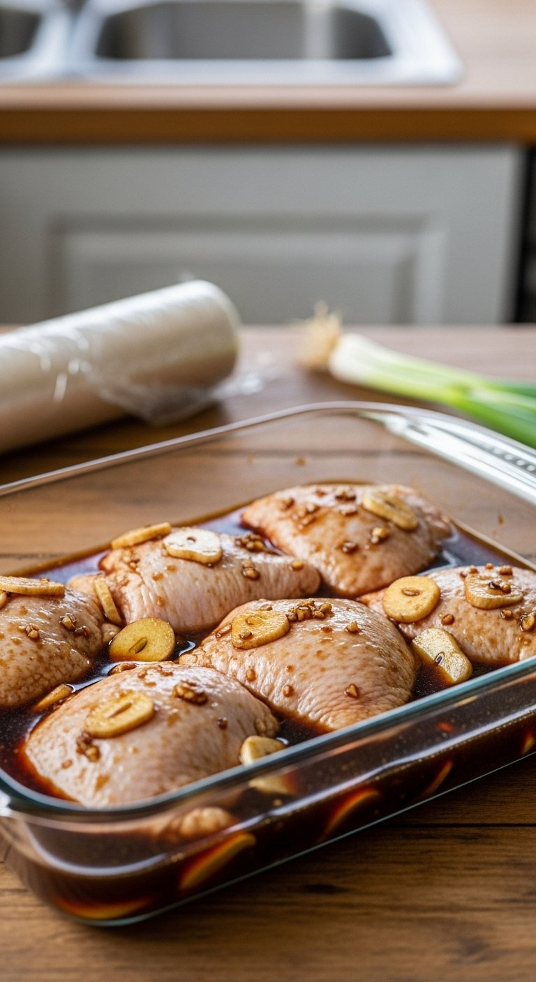 Raw Chicken Thighs Submerged In Dark Kalbi Marinade With Garlic And Ginger In Glass Dish.