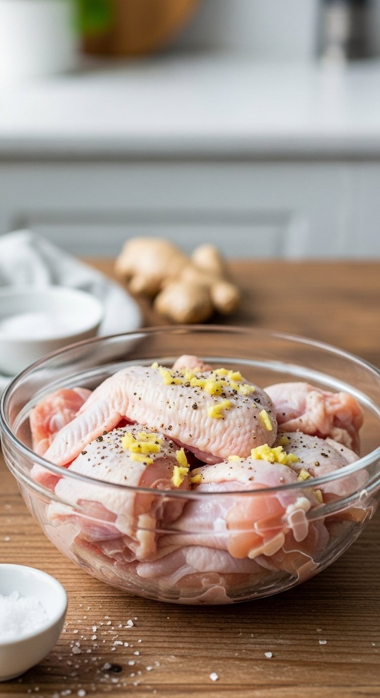Raw Chicken Wings And Drumettes Marinating In A Glass Bowl With Salt, Pepper, And Ginger On A Rustic Wooden Table.