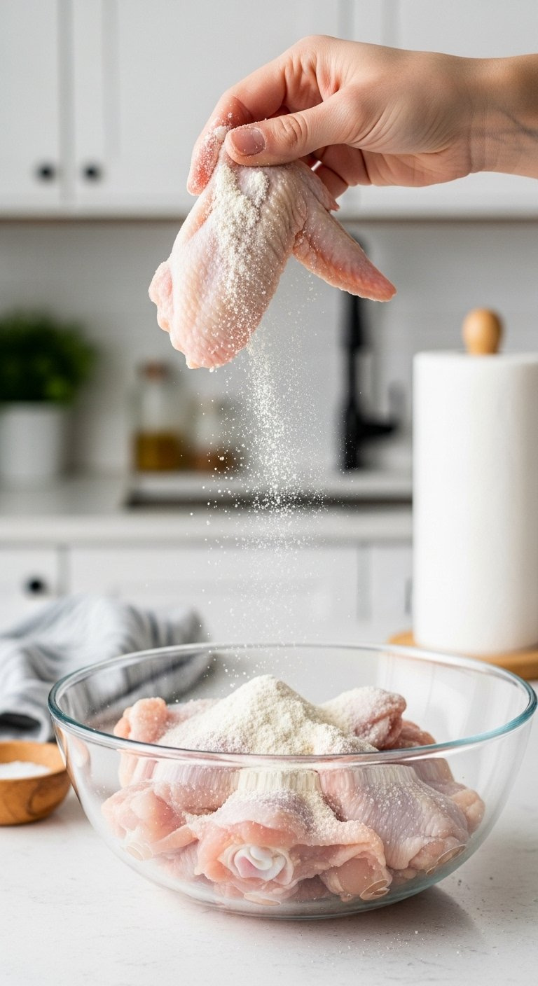 Raw Chicken Wings Coated In White Baking Powder Tossed In A Glass Bowl On A Kitchen Counter.