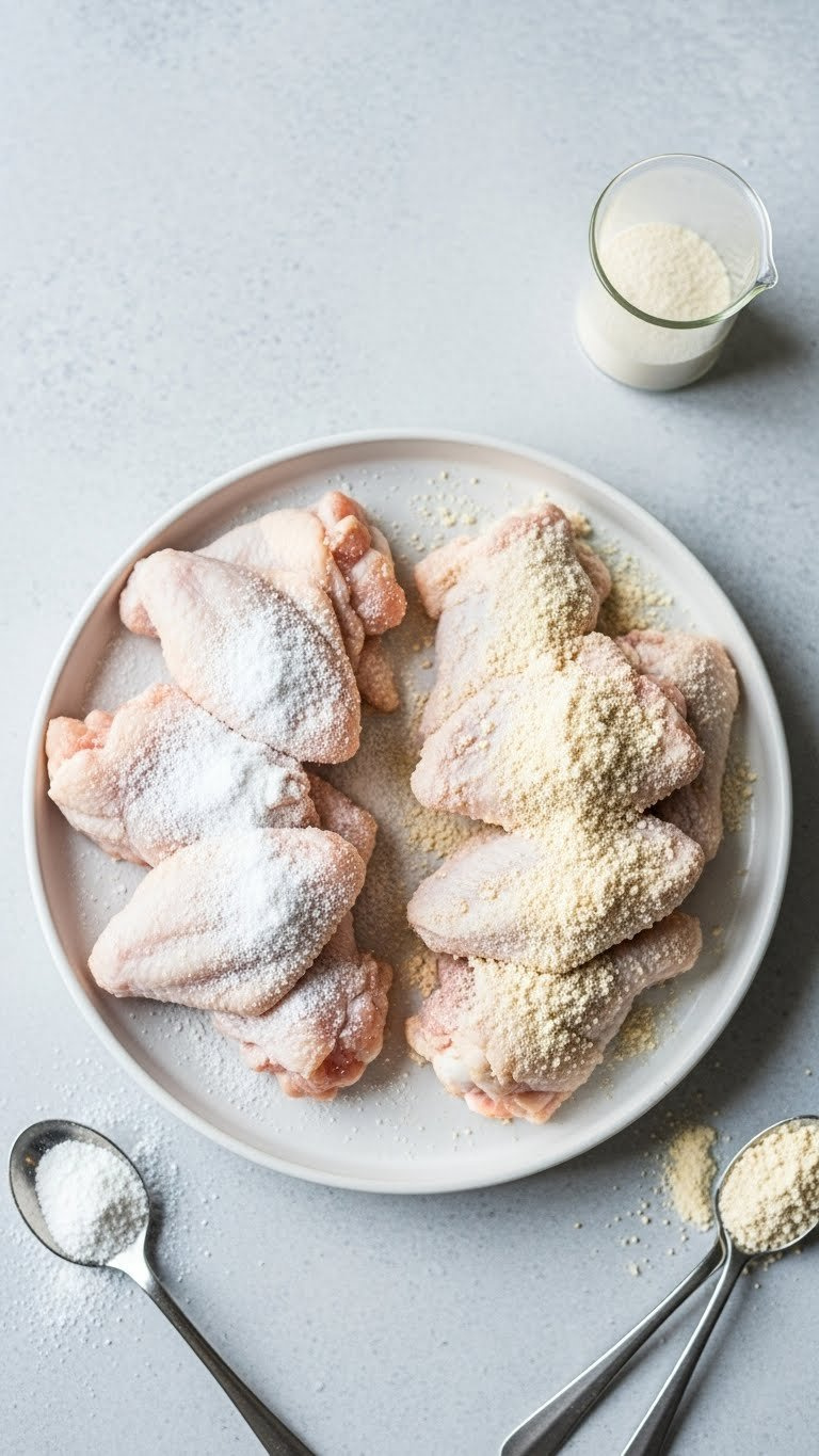 Raw Chicken Wings Comparison Showing Baking Soda Vs Baking Powder Coating On White Ceramic Plate For Cooking Experiment