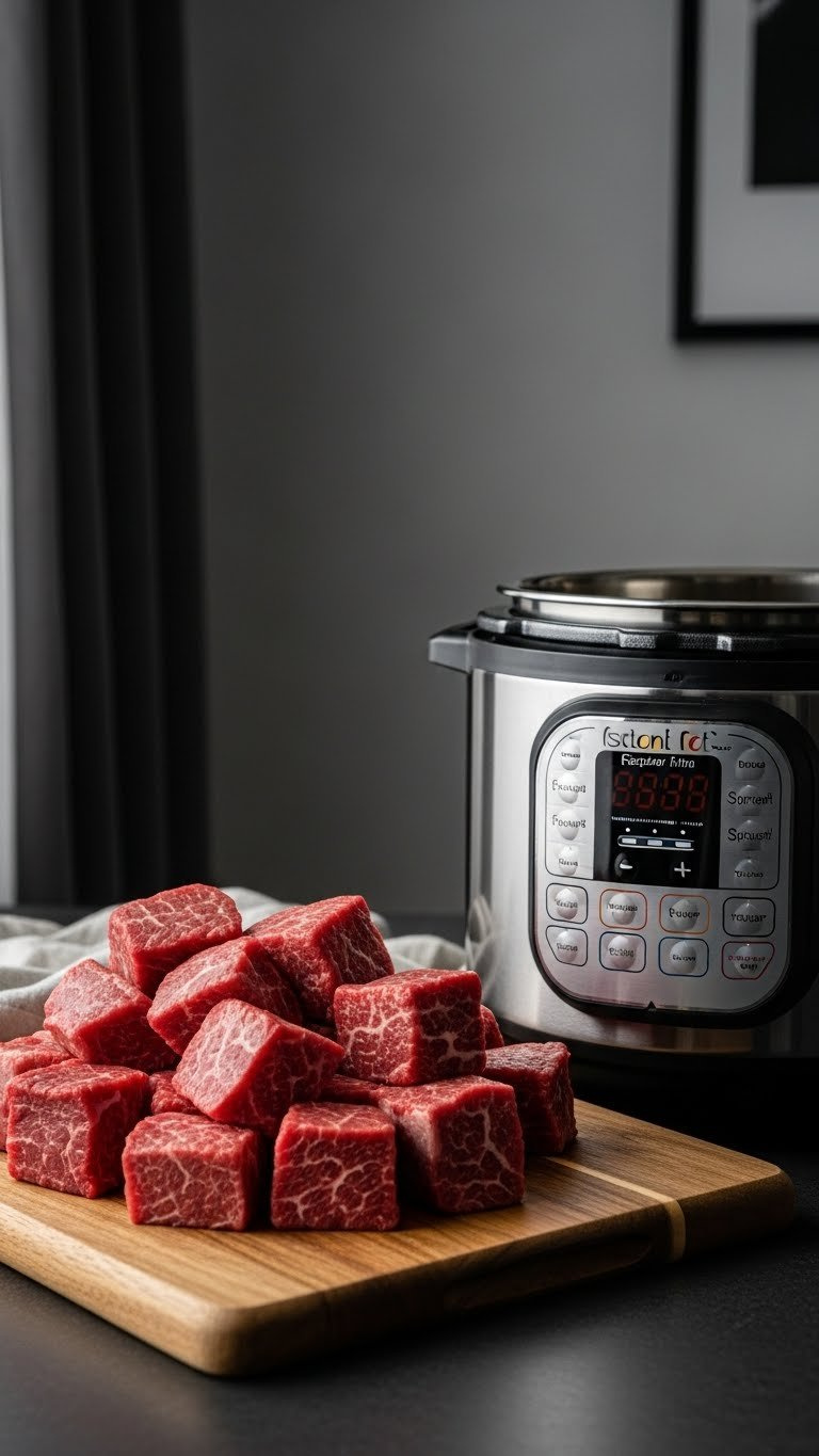 Raw Cubed Beef Chuck Roast With Beautiful Marbling On Wooden Cutting Board Next To Instant Pot