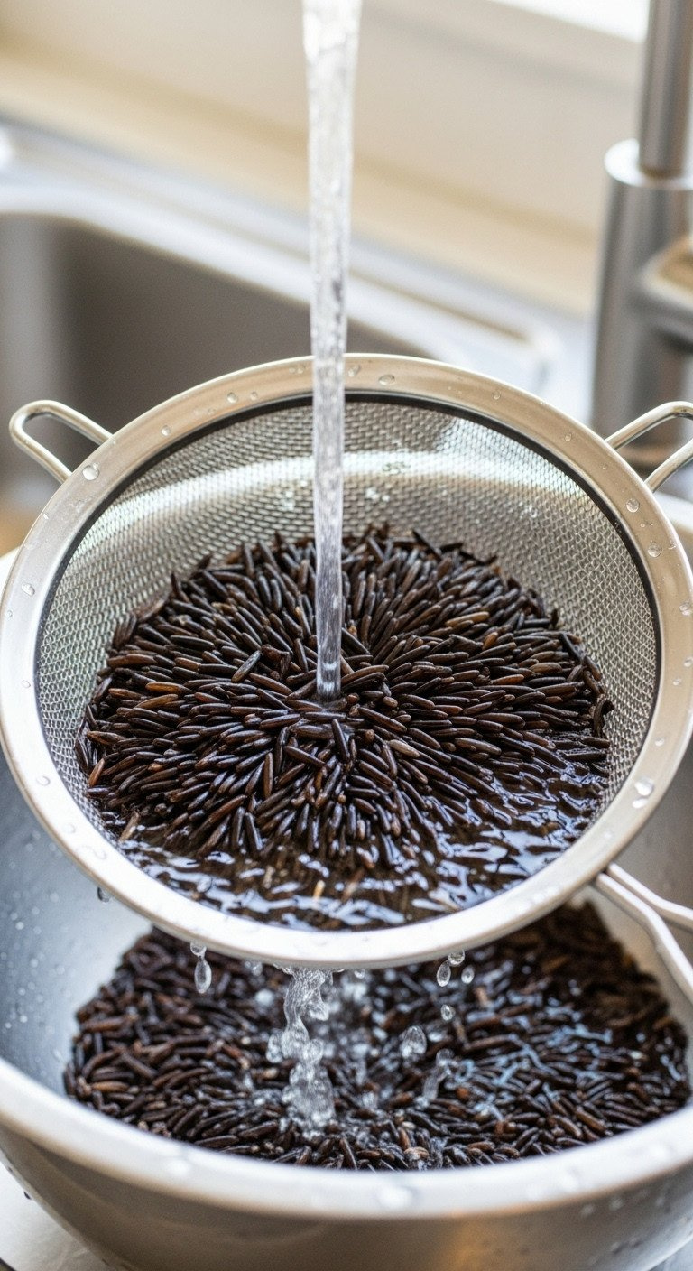 Raw Dark Wild Rice Kernels Rinsing In A Stainless Steel Fine-Mesh Sieve Under Clear Running Water, Pre-Cooking Kitchen Prep.