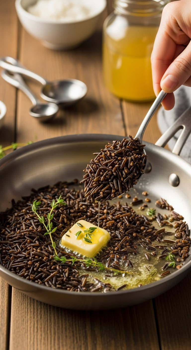 Raw Dark Wild Rice Sautéing In Melted Butter And Fresh Thyme In A Warm Stainless Steel Skillet On A Rustic Wooden Table.