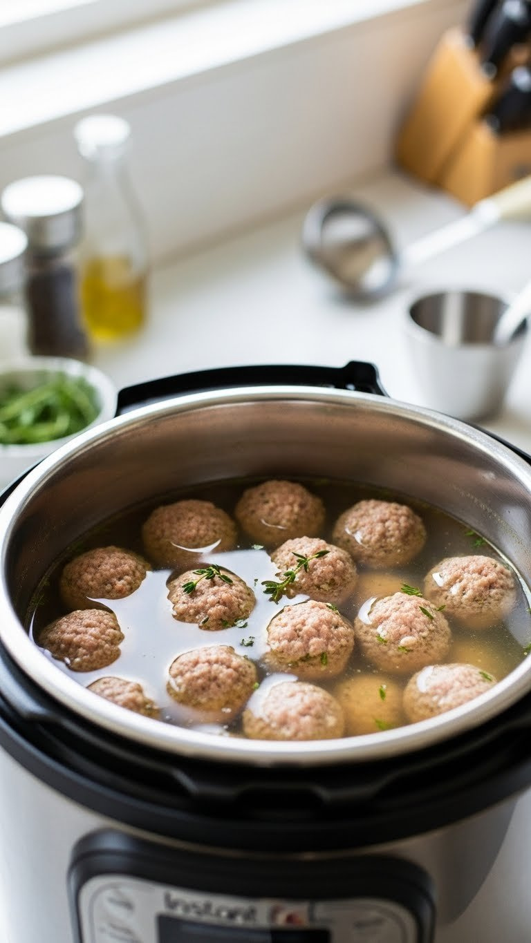Raw Mini Meatballs Submerged In Clear Chicken Broth With Fresh Herbs Inside An Instant Pot Liner, Ready For Cooking Soup.
