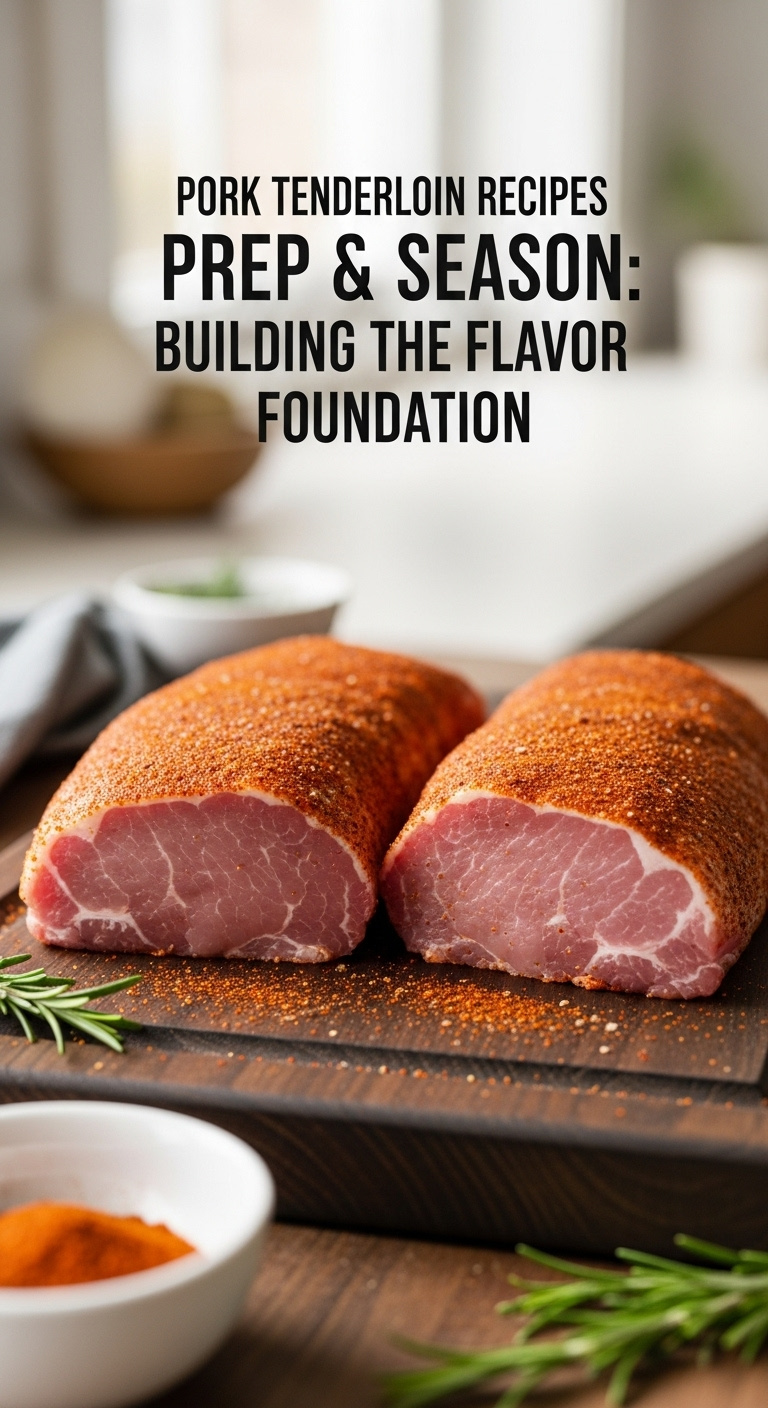 Raw Pork Tenderloin Halves Coated In Reddish-Brown Seasoning Rub On A Dark Wood Cutting Board With Spice Bowl And Rosemary