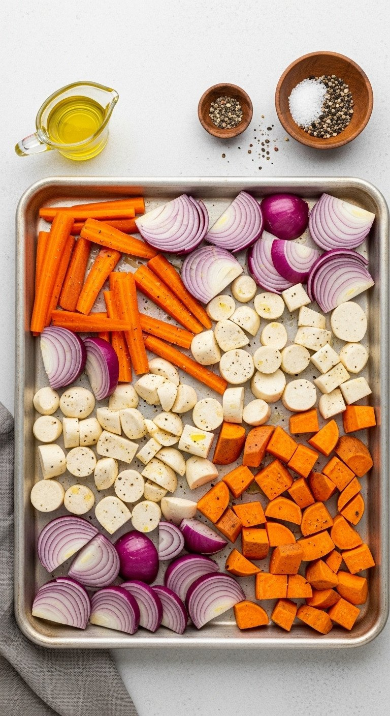 Raw Root Vegetables: Carrots, Parsnips, Sweet Potatoes, Red Onion With Olive Oil On A Baking Sheet, Prepped For Roasting. Healthy Meal.