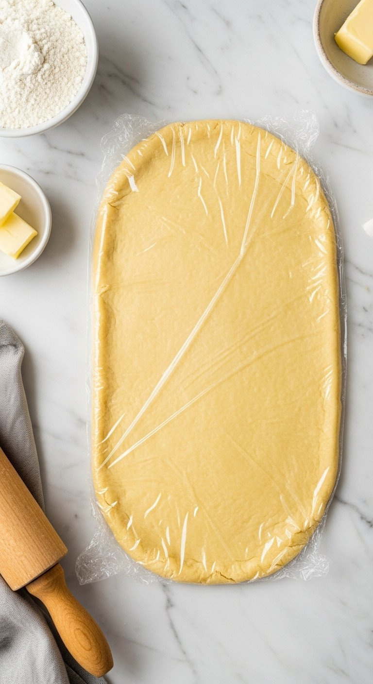 Raw Shortcrust Pastry Dough In Plastic Wrap On Marble, With Flour, Butter, And Rolling Pin, Ready For Baking.