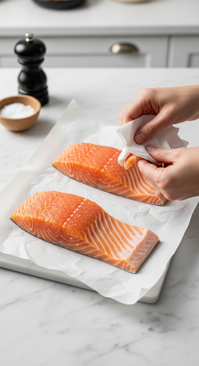 Raw Skin-On Salmon Fillets Being Patted Dry On Parchment Paper With Sea Salt And Pepper Mill On Marble Countertop