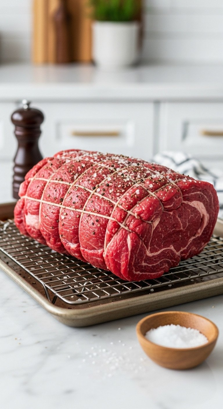 Raw Trussed Beef Roast Seasoned With Coarse Salt &Amp; Pepper On A Wire Rack In A Baking Sheet For Recipe Preparation.