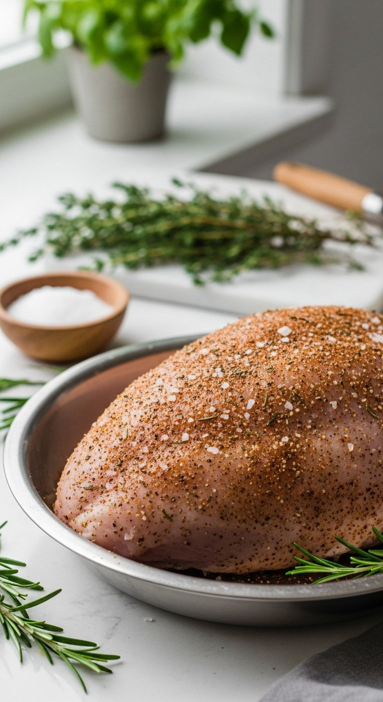 Raw Turkey Breast Seasoned With Dry Rub, Salt, Rosemary, And Thyme In A Stainless Bowl. Perfect Poultry Prep For Cooking.