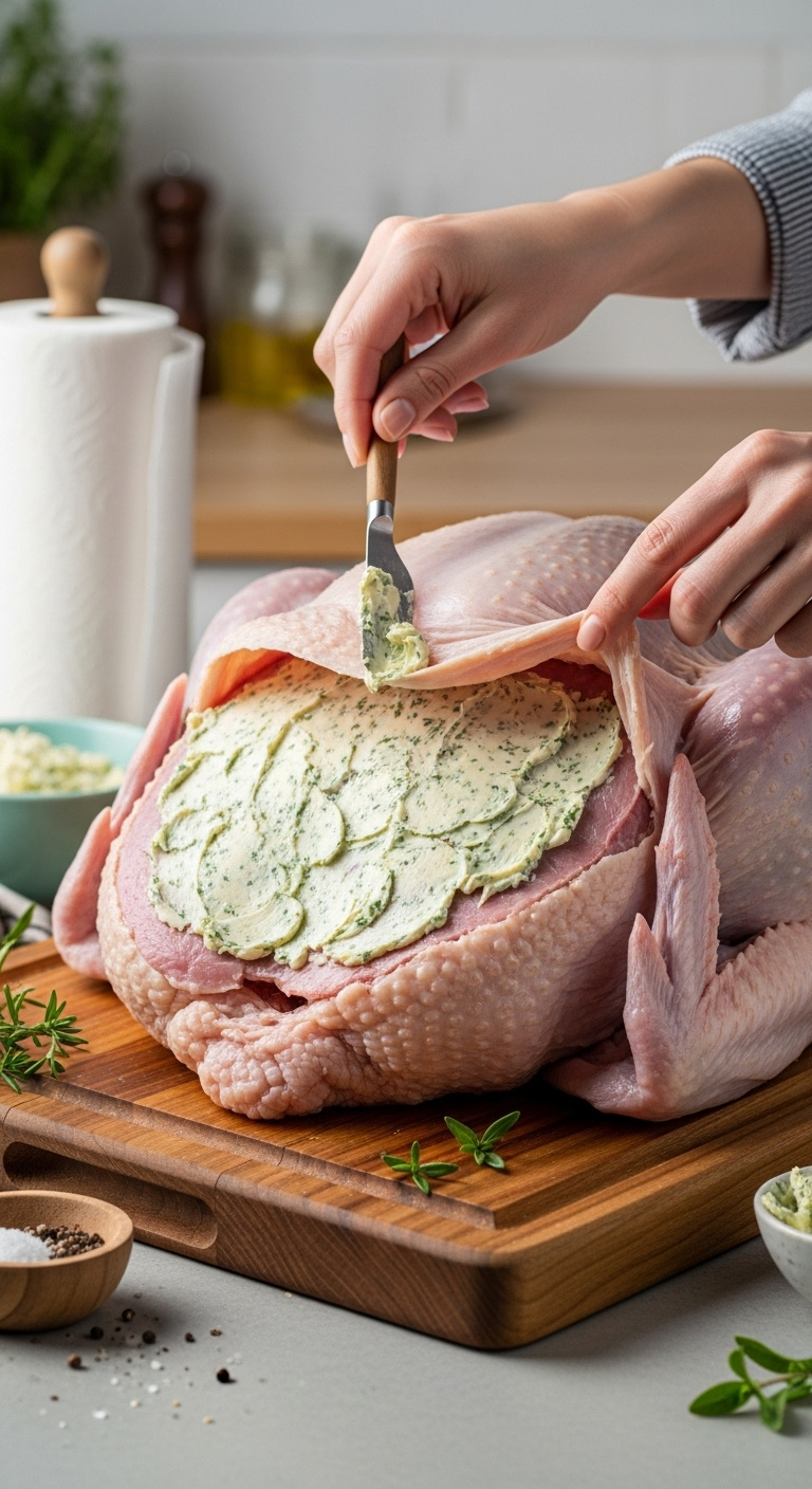 Raw Turkey On A Cutting Board With Herb Butter Being Spread Under The Skin Of The Breast Meat For Seasoning