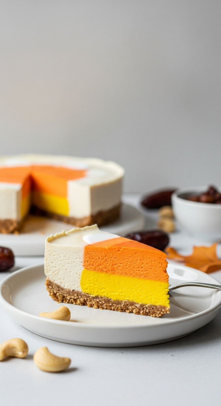 Raw Vegan 'Candy Corn' Cheesecake Slice With White, Orange, Yellow Layers. Halloween Party.