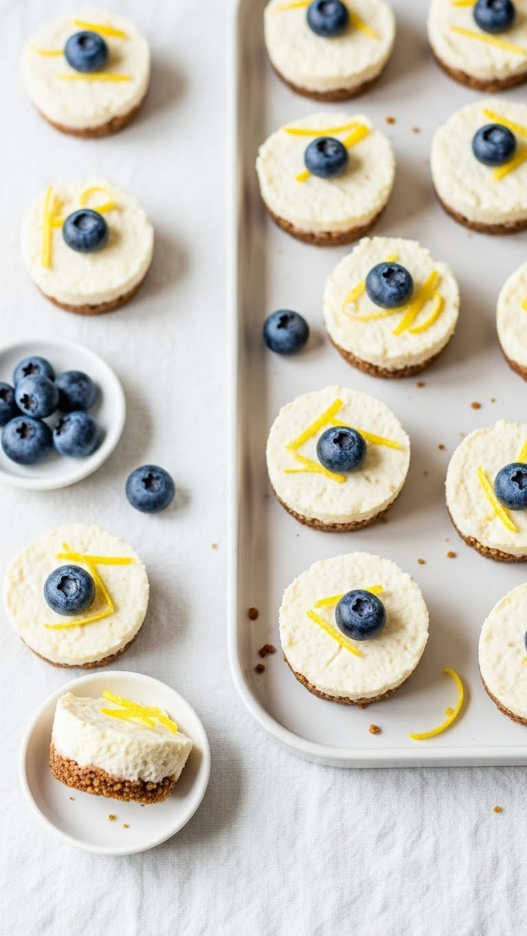 Raw Vegan Cheesecake Bites With Creamy Filling And Date-Nut Crust Garnished With Blueberries On Light Serving Tray.
