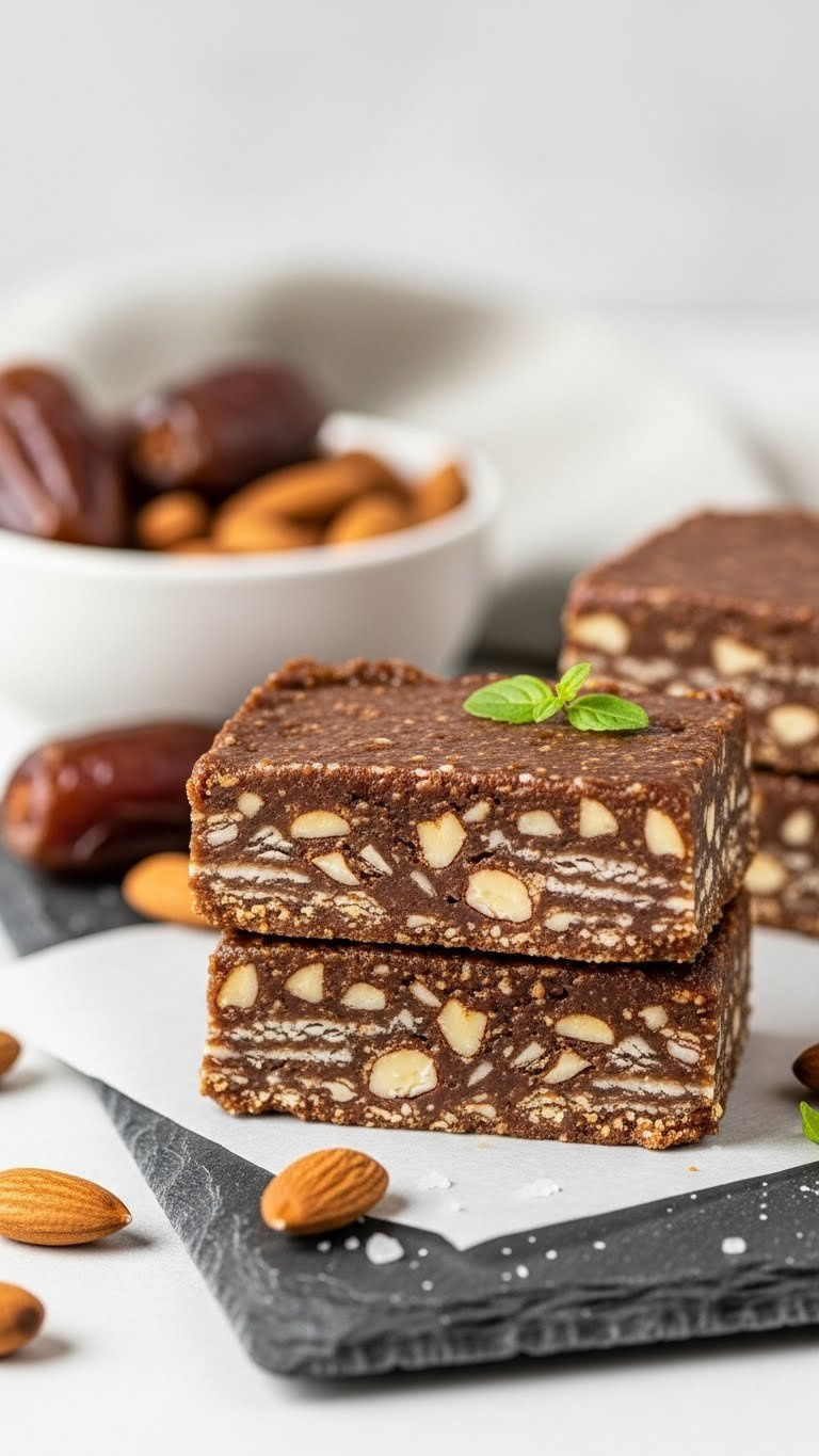 Raw Vegan Date And Nut Bars Showing Layered Texture With Chopped Almonds On A Slate Serving Board.