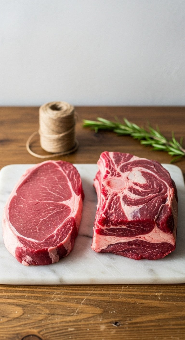 Raw Venison Backstrap Steak And Marbled Shoulder On A Rustic Butcher Block With Rosemary, Ready For Gourmet Cooking.