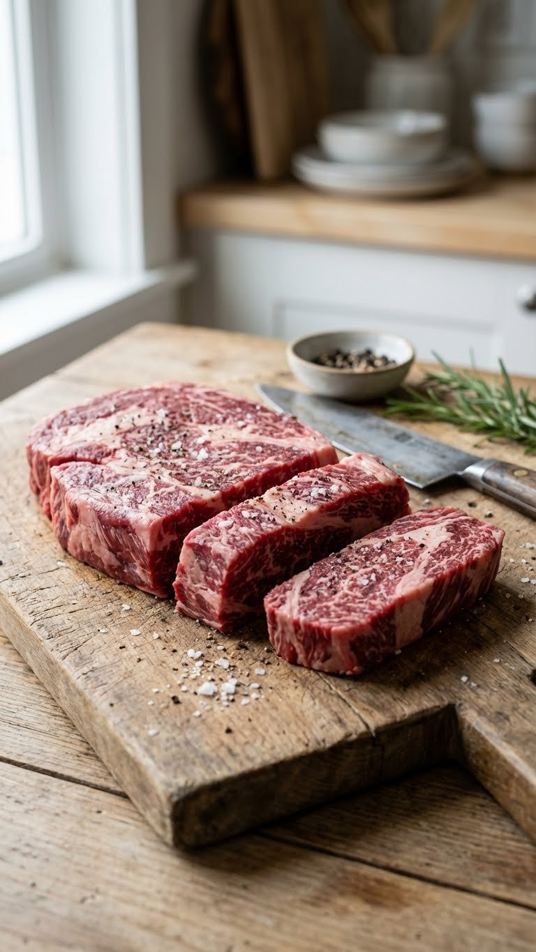 Raw, Well-Marbled Chuck Roast Pieces Seasoned With Salt And Pepper On A Rustic Wooden Cutting Board, Ready For Searing.