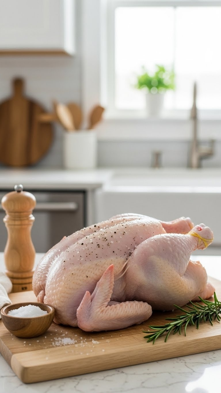 Raw Whole Chicken Seasoned With Salt And Pepper Resting On A Light Wooden Cutting Board With Fresh Rosemary Sprig