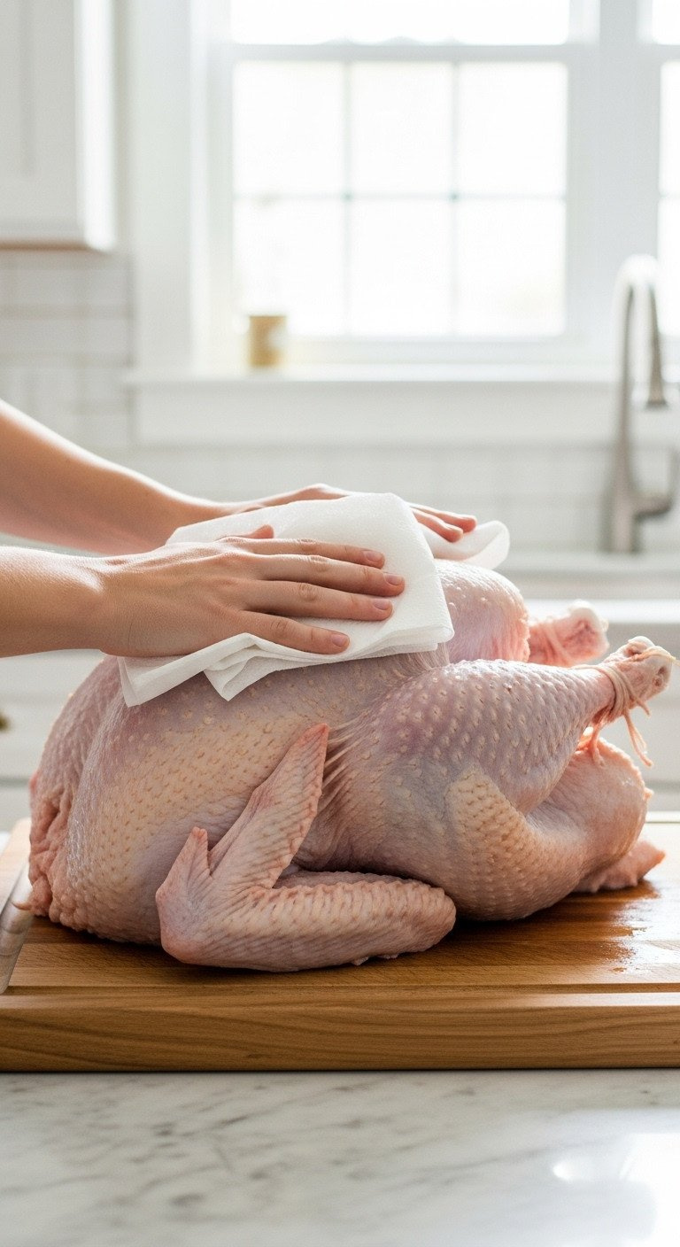 Raw Whole Turkey Patted Dry With White Paper Towels On A Wooden Board, Marble Counter. Bright Kitchen Light Highlights Holiday Meal Prep.